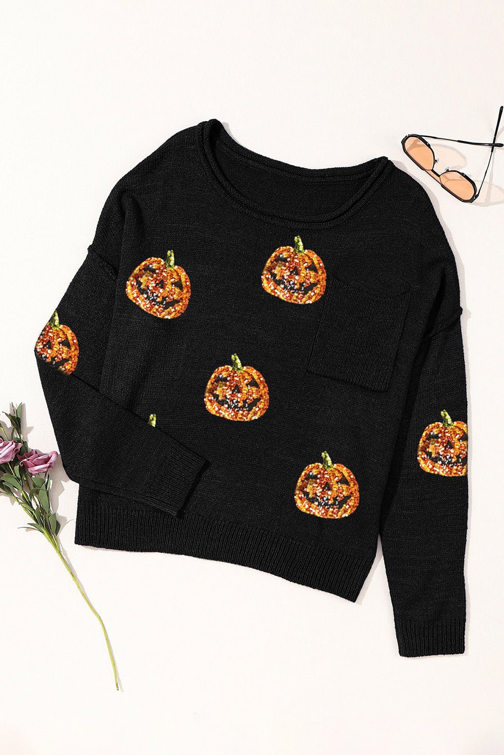 Pumpkin Round Neck Long Sleeve Knit Top - Celeste    