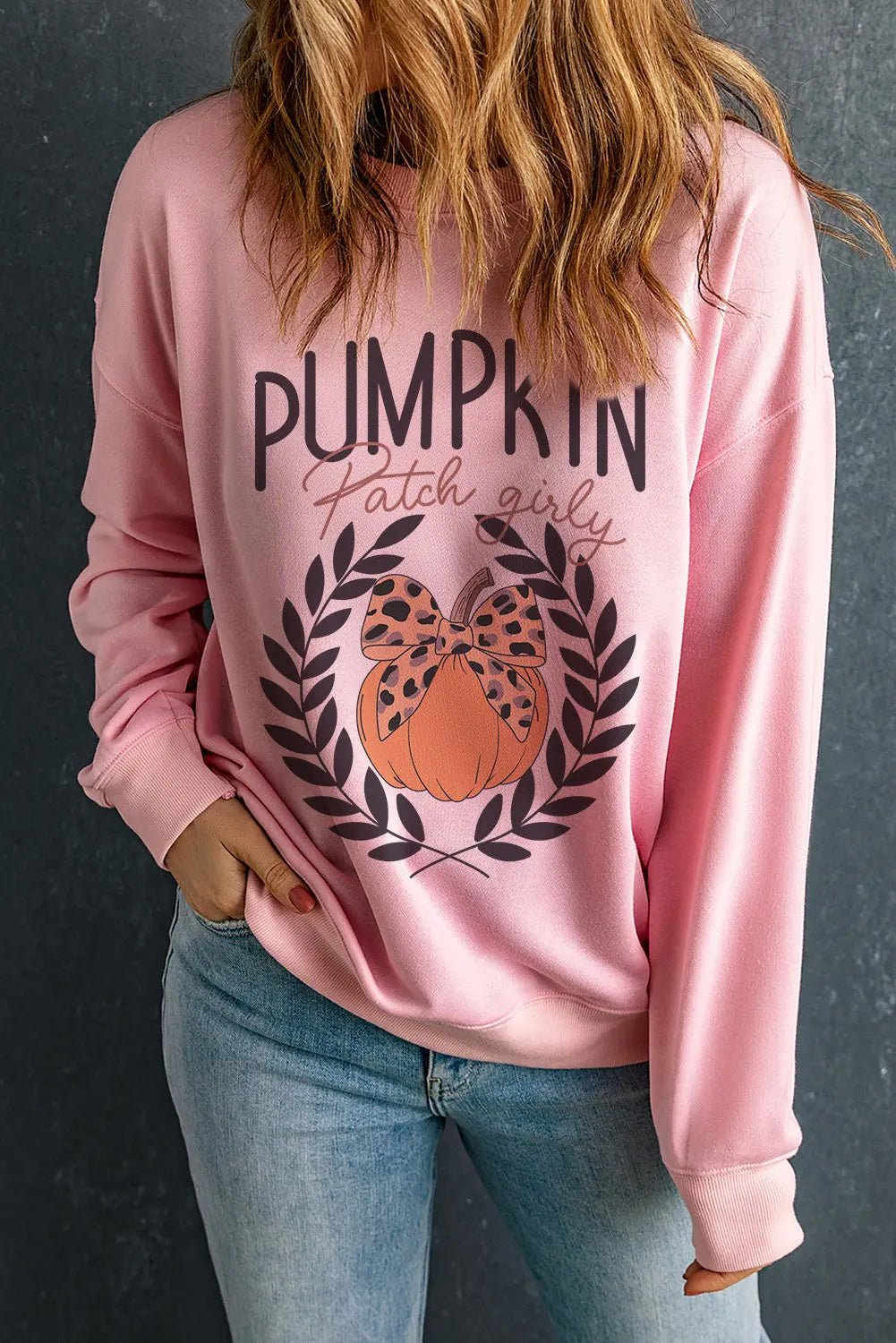 Pumpkin Round Neck Long Sleeve Sweatshirt - Celeste    