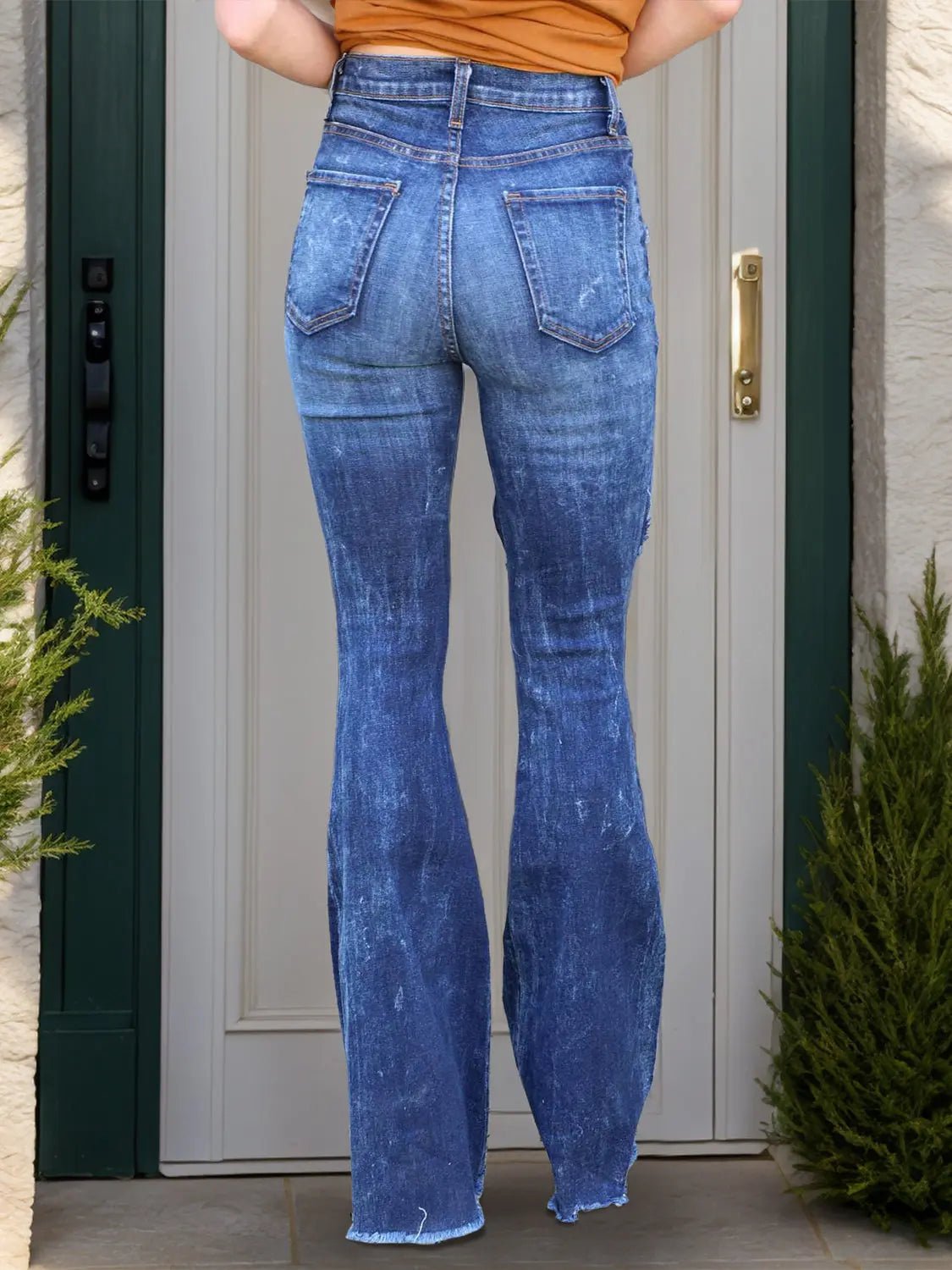 Raw Hem Distressed Bootcut Jeans - Celeste    