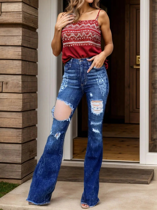 Raw Hem Distressed Bootcut Jeans - Celeste    