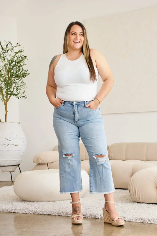 RFM Full Size Tummy Control High Waist Raw Hem Distressed Jeans - Celeste    
