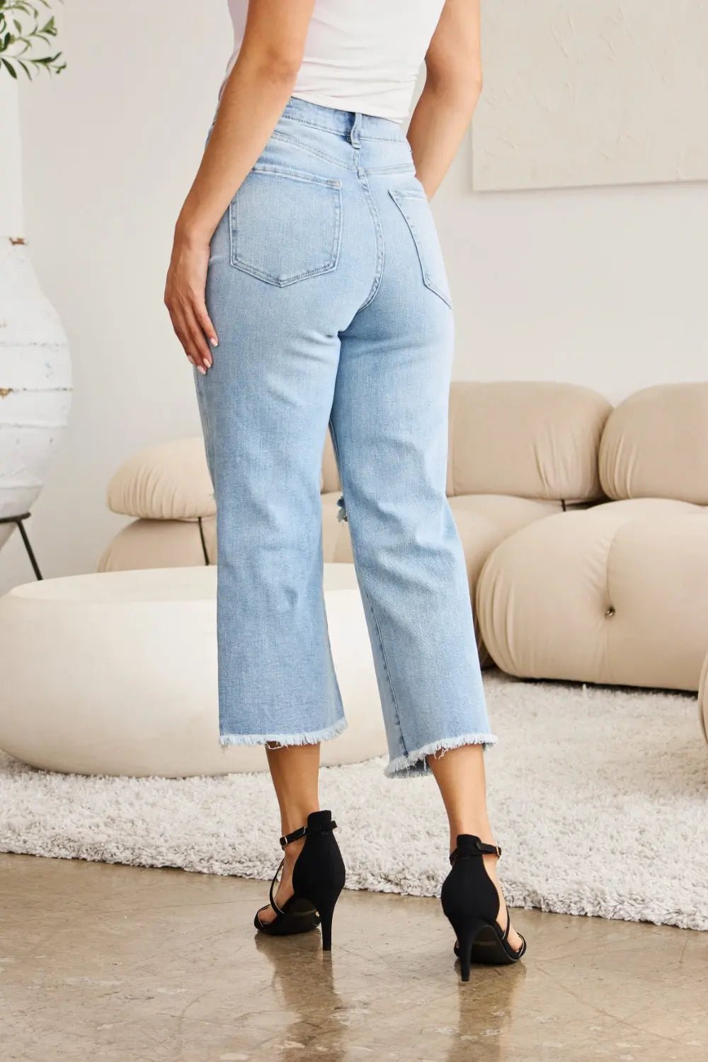 RFM Full Size Tummy Control High Waist Raw Hem Distressed Jeans - Celeste    