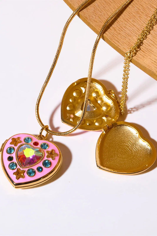 Rhinestone Decor Heart Box Pendant Necklace - Celeste    
