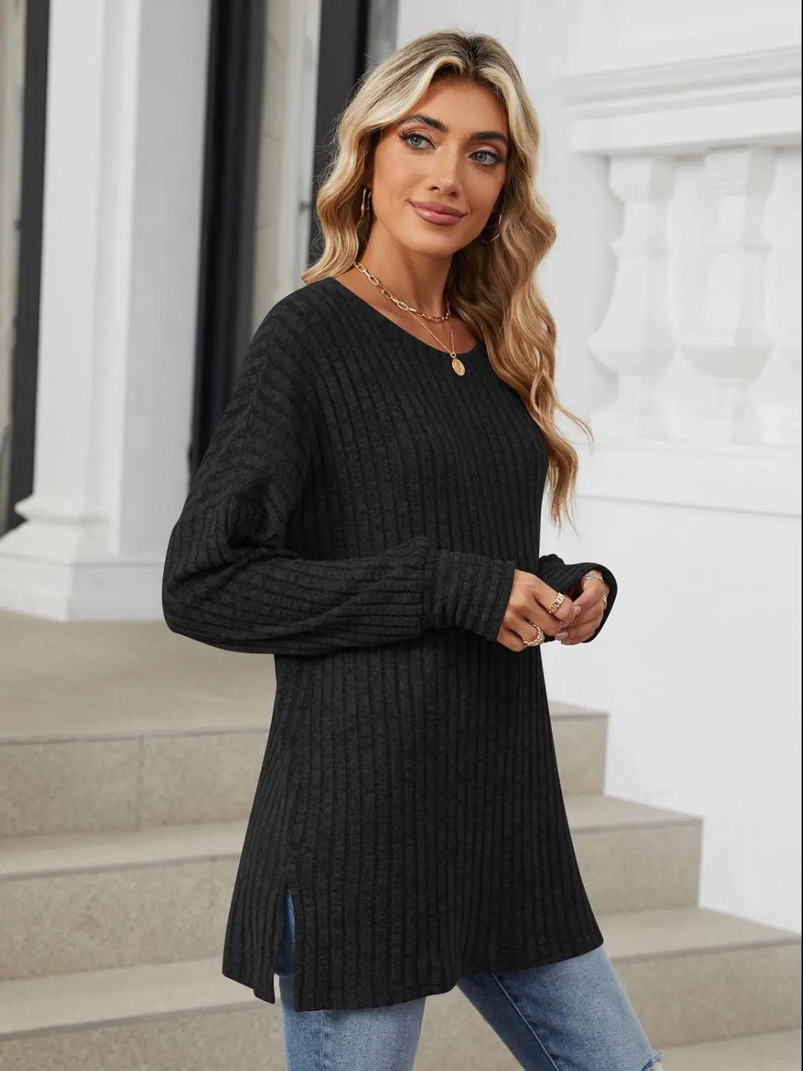 Ribbed Round Neck Long Sleeve T-Shirt - Celeste    