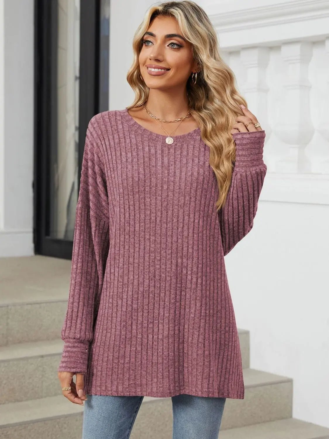 Ribbed Round Neck Long Sleeve T-Shirt - Celeste    