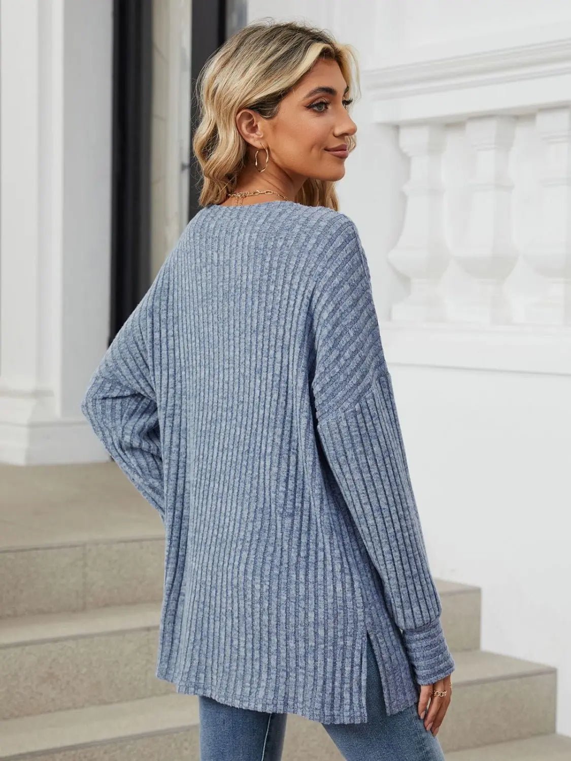 Ribbed Round Neck Long Sleeve T-Shirt - Celeste    