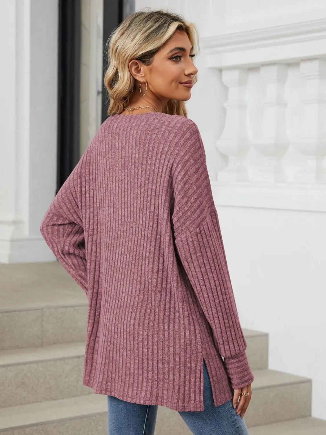 Ribbed Round Neck Long Sleeve T-Shirt - Celeste    
