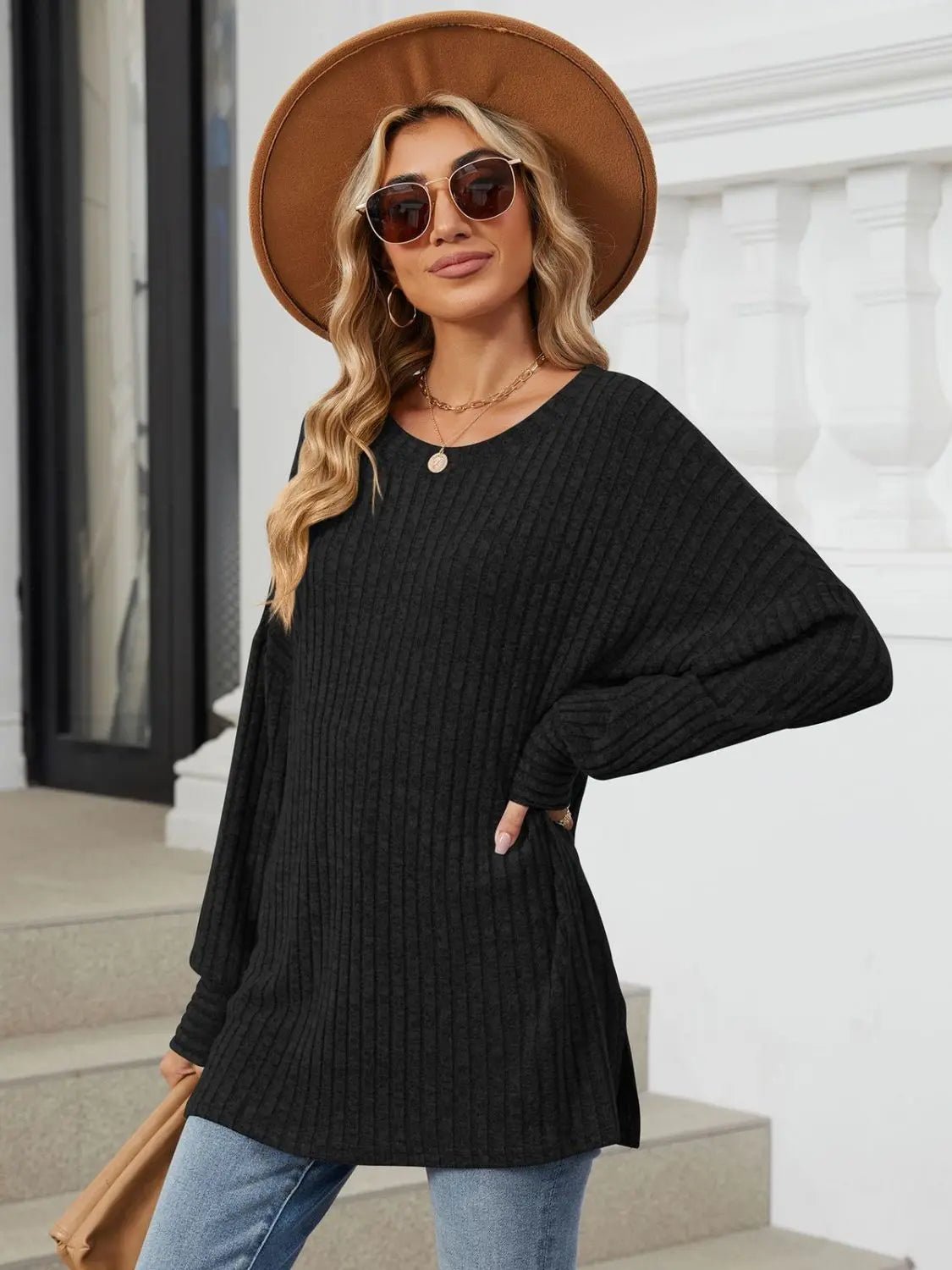 Ribbed Round Neck Long Sleeve T-Shirt - Celeste    