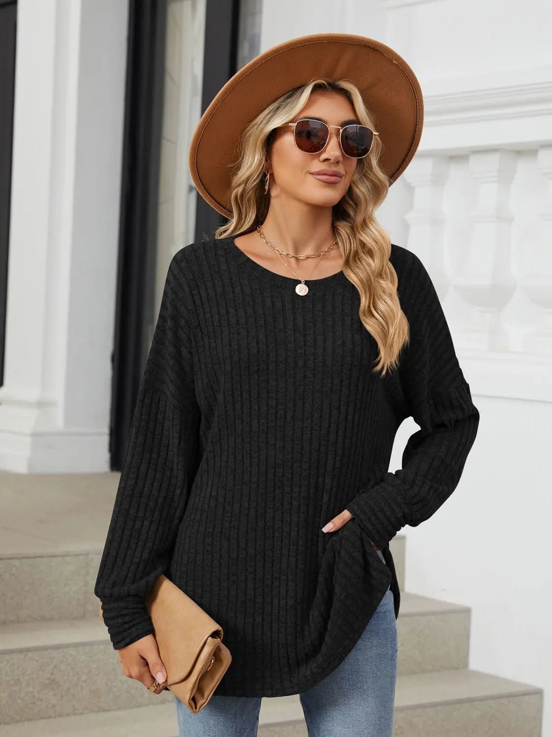 Ribbed Round Neck Long Sleeve T-Shirt - Celeste    