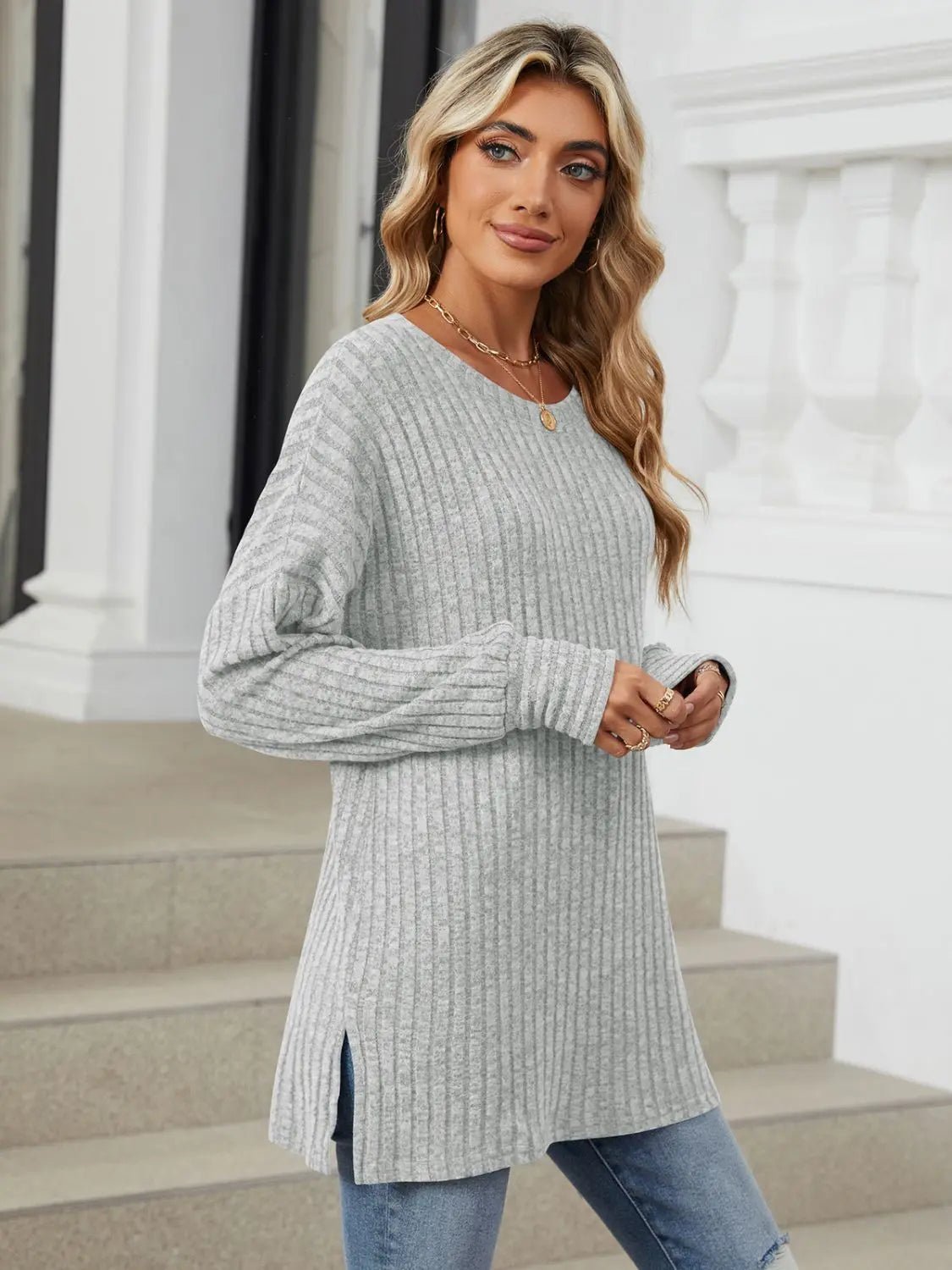 Ribbed Round Neck Long Sleeve T-Shirt - Celeste    