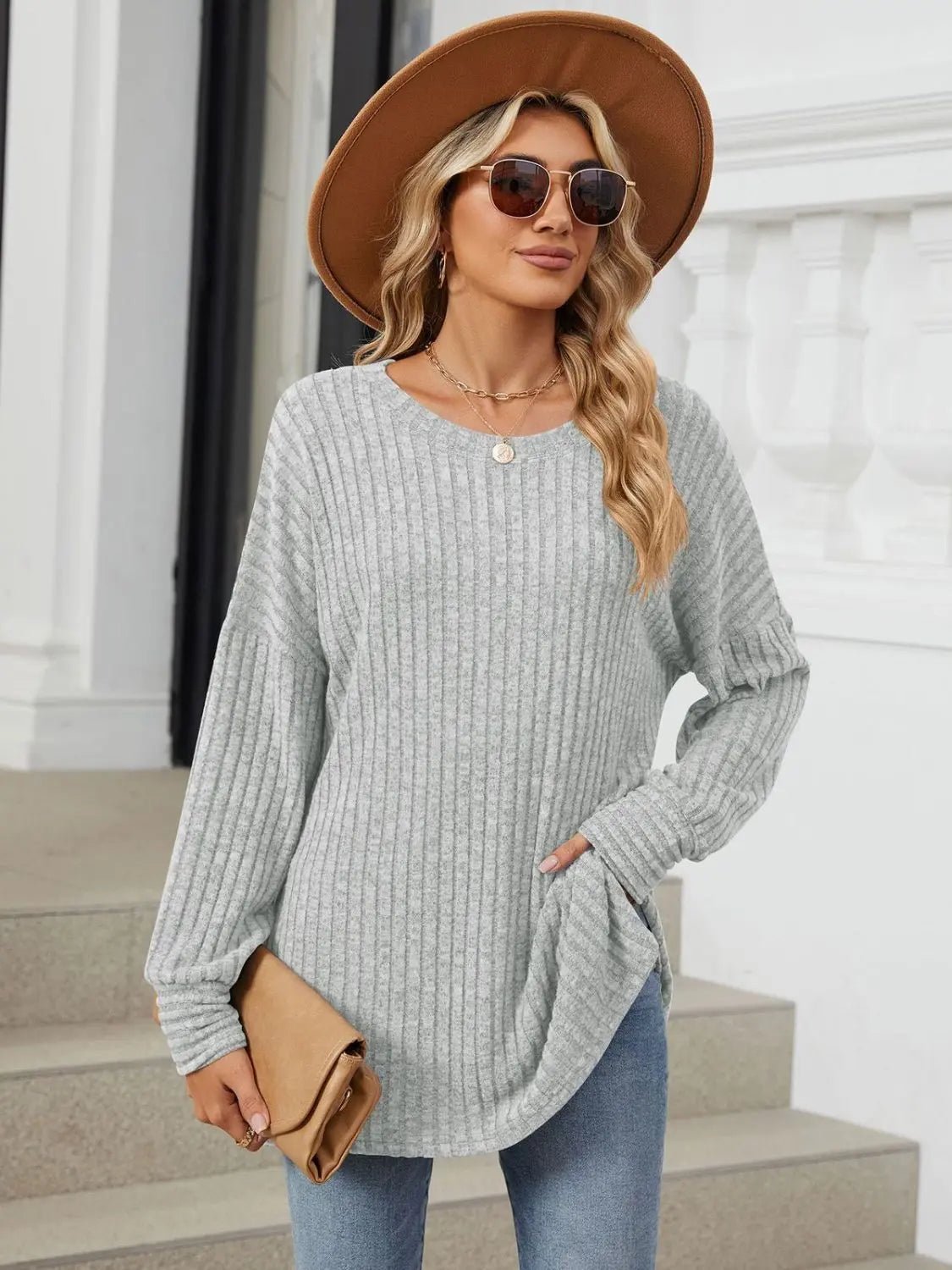 Ribbed Round Neck Long Sleeve T-Shirt - Celeste    