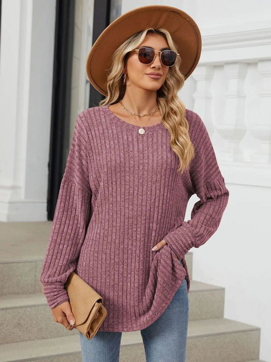 Ribbed Round Neck Long Sleeve T-Shirt - Celeste    