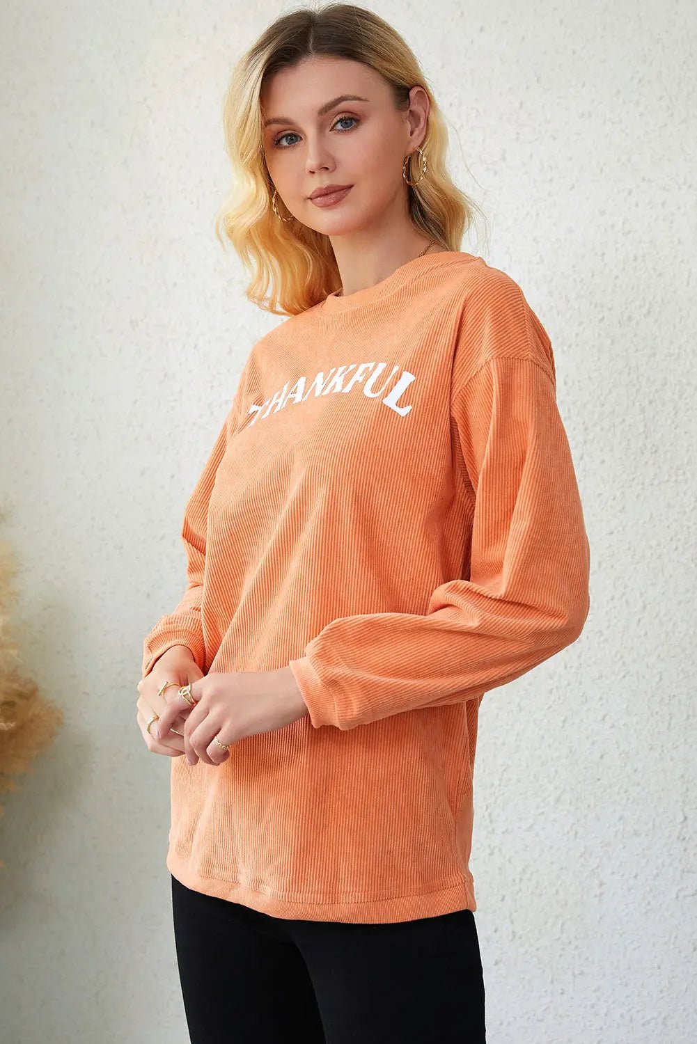 Round Neck Dropped Shoulder THANKFUL Graphic Sweatshirt - Celeste    