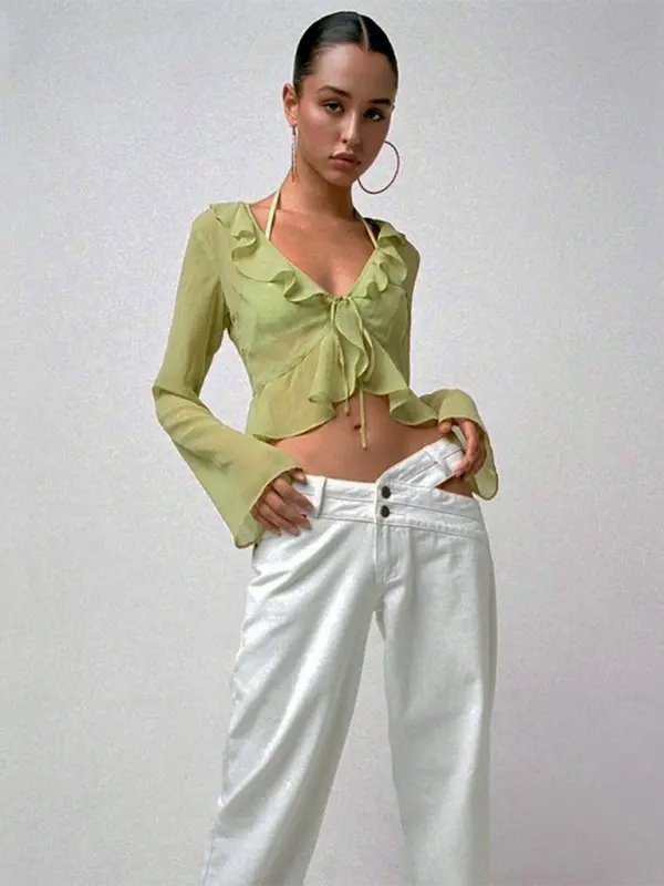 Ruffled Lace-Up Deep V-Neck Blouse - Celeste    