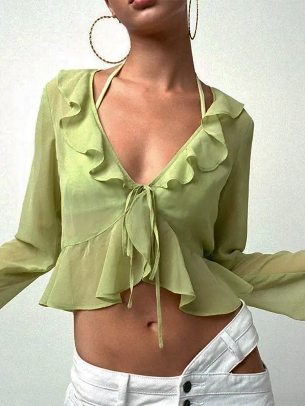 Ruffled Lace-Up Deep V-Neck Blouse - Celeste    