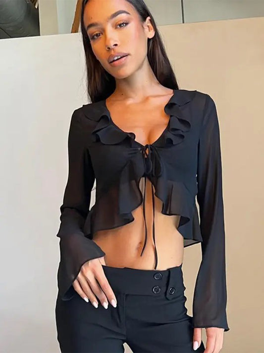 Ruffled Lace-Up Deep V-Neck Blouse - Celeste    