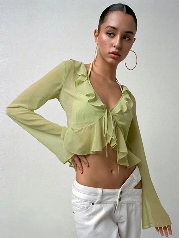 Ruffled Lace-Up Deep V-Neck Blouse - Celeste    