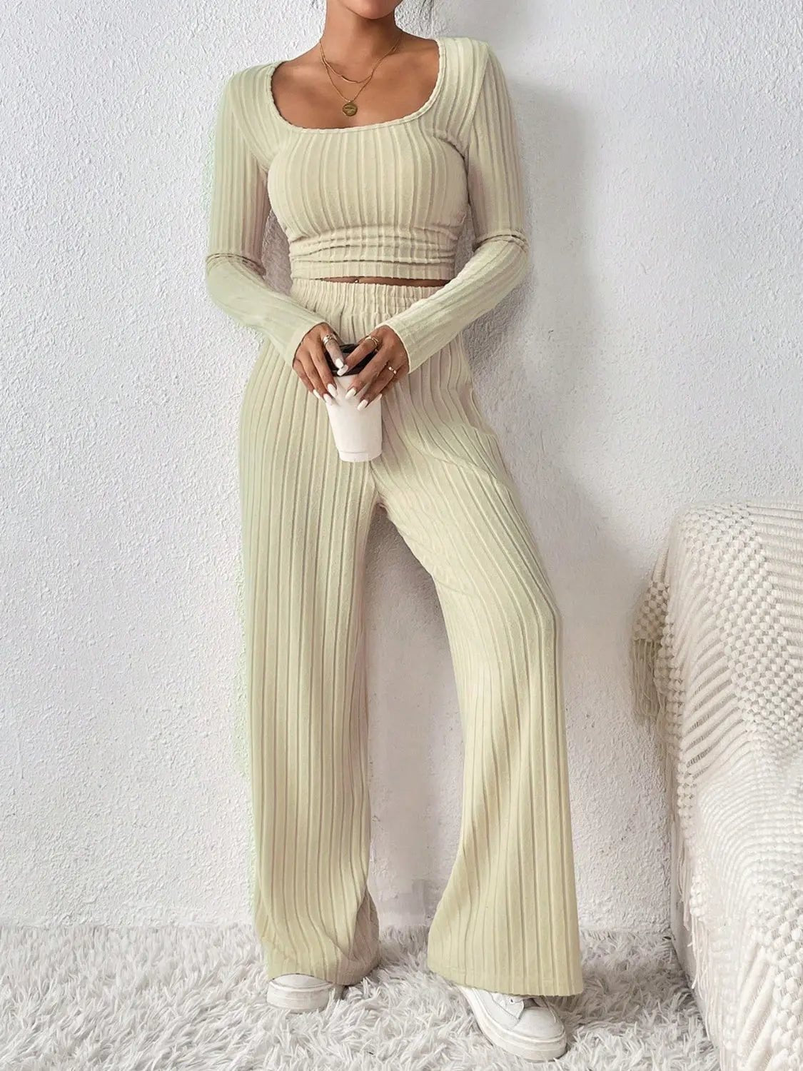 Scoop Neck Long Sleeve Top and Pants Set - Celeste    