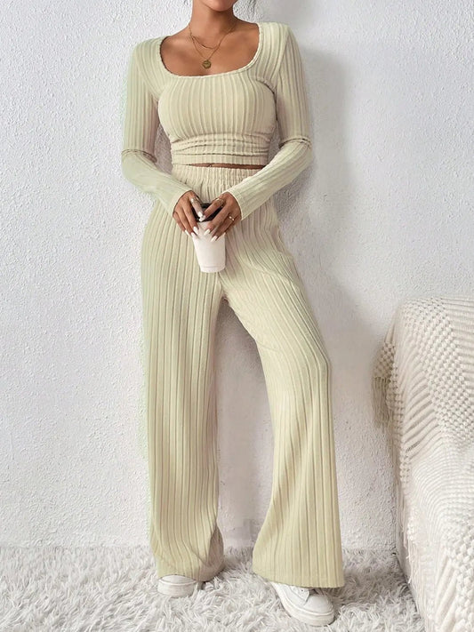 Scoop Neck Long Sleeve Top and Pants Set - Celeste    