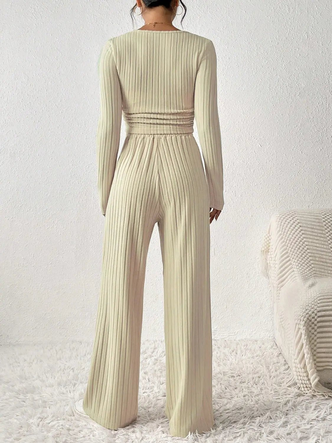 Scoop Neck Long Sleeve Top and Pants Set - Celeste    