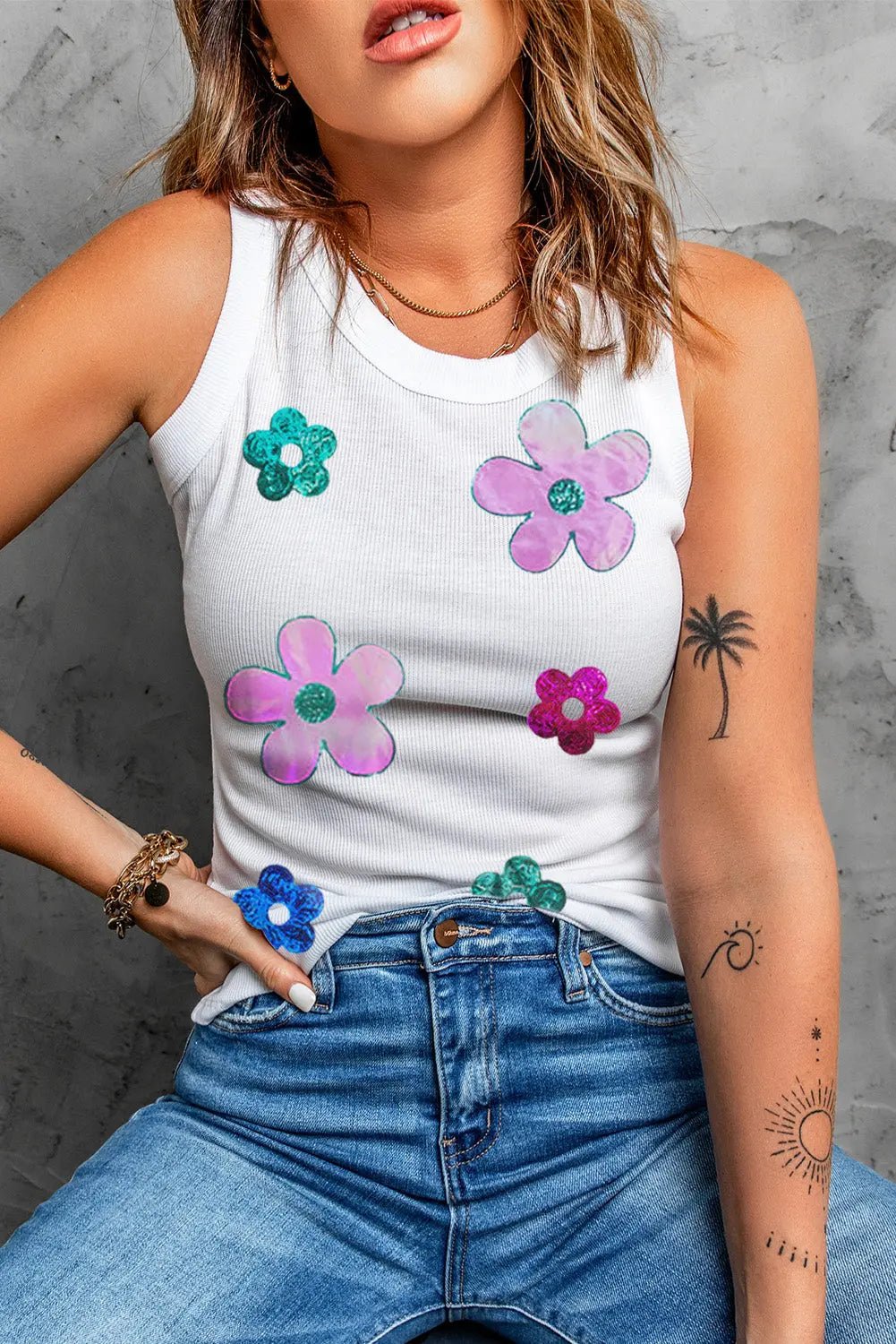 Sequin Flower Round Neck Tank - Celeste    