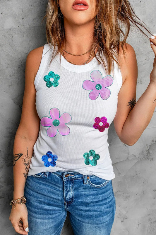 Sequin Flower Round Neck Tank - Celeste    