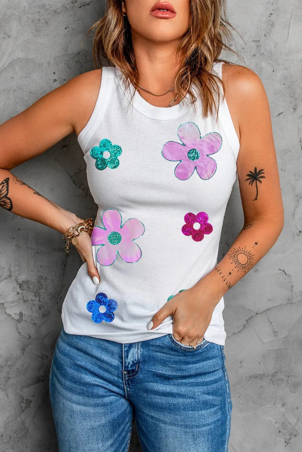 Sequin Flower Round Neck Tank - Celeste    