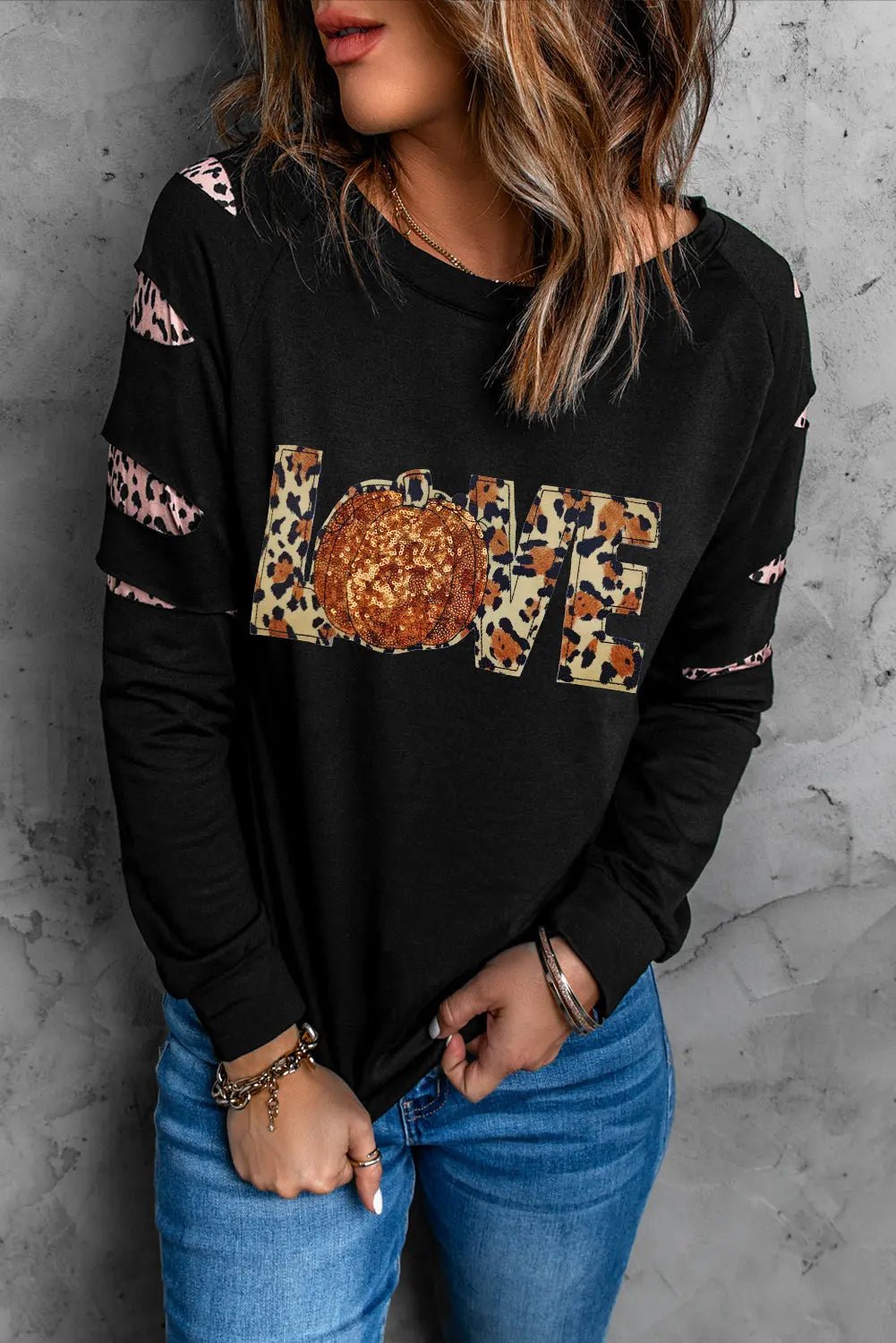 Sequin Leopard Long Sleeve Sweatshirt - Celeste    