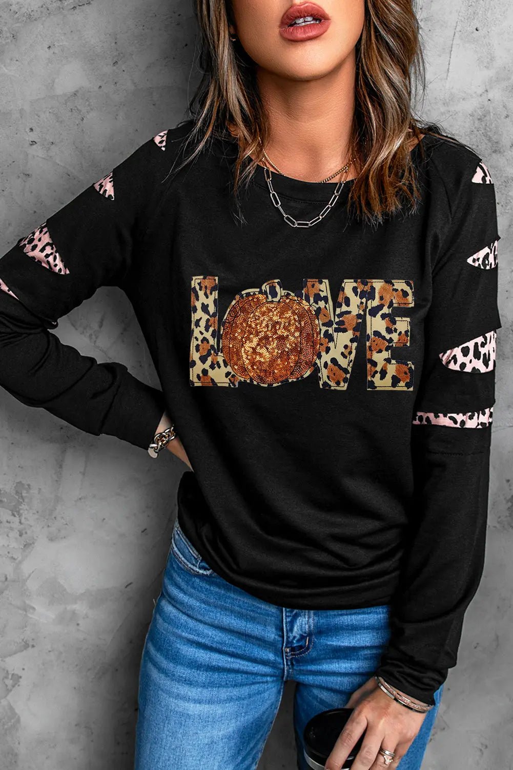 Sequin Leopard Long Sleeve Sweatshirt - Celeste    