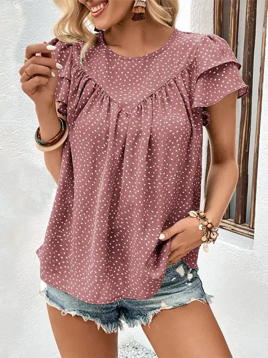 Short Sleeve Ruffled Blouse - Celeste    