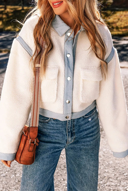 Snap Down Splicing Long Sleeve Jacket - Celeste    