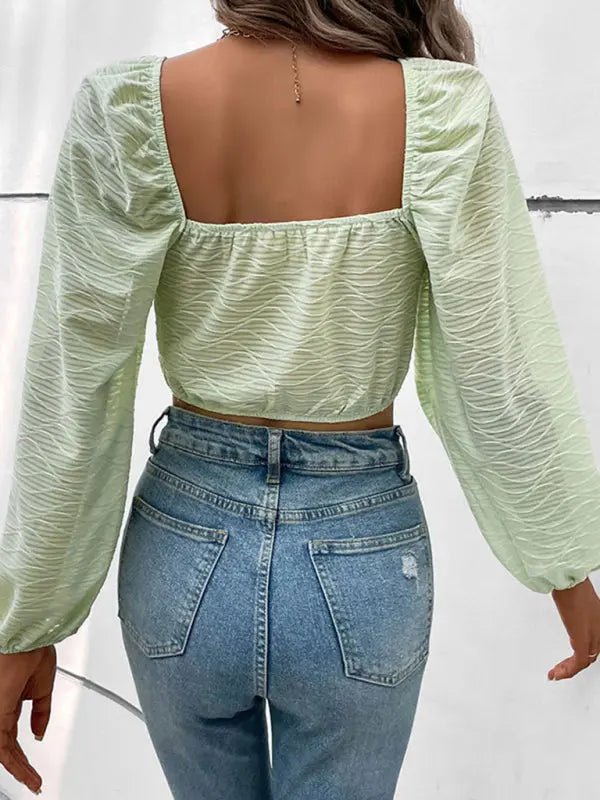 Square Collar Puff Sleeve Shirt - Celeste    