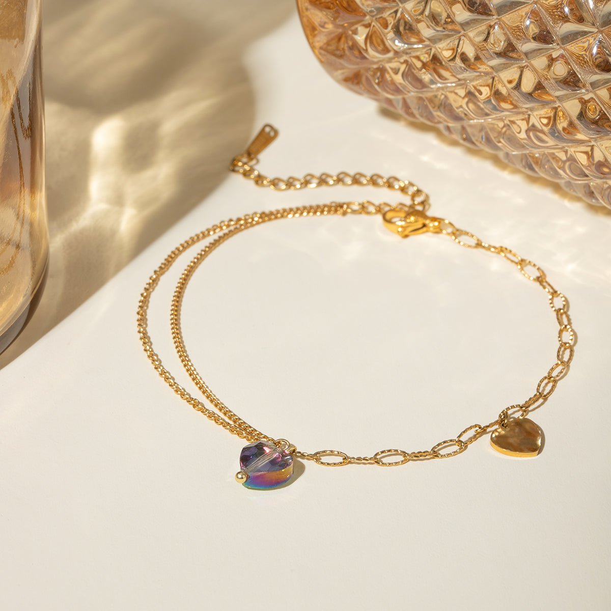 Stainless Steel Synthetic Crystal Heart Anklet Bracelet - Celeste    