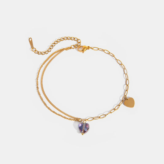 Stainless Steel Synthetic Crystal Heart Anklet Bracelet - Celeste    