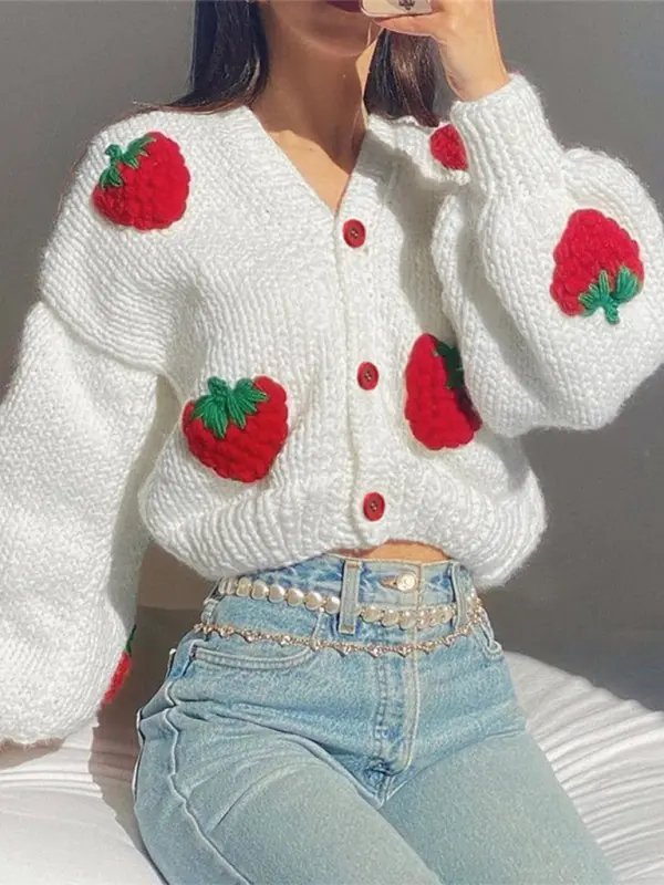 Strawberry Cable Knit Cardigan - Celeste    