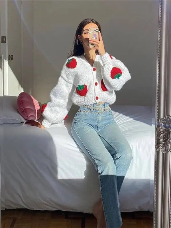 Strawberry Cable Knit Cardigan - Celeste    
