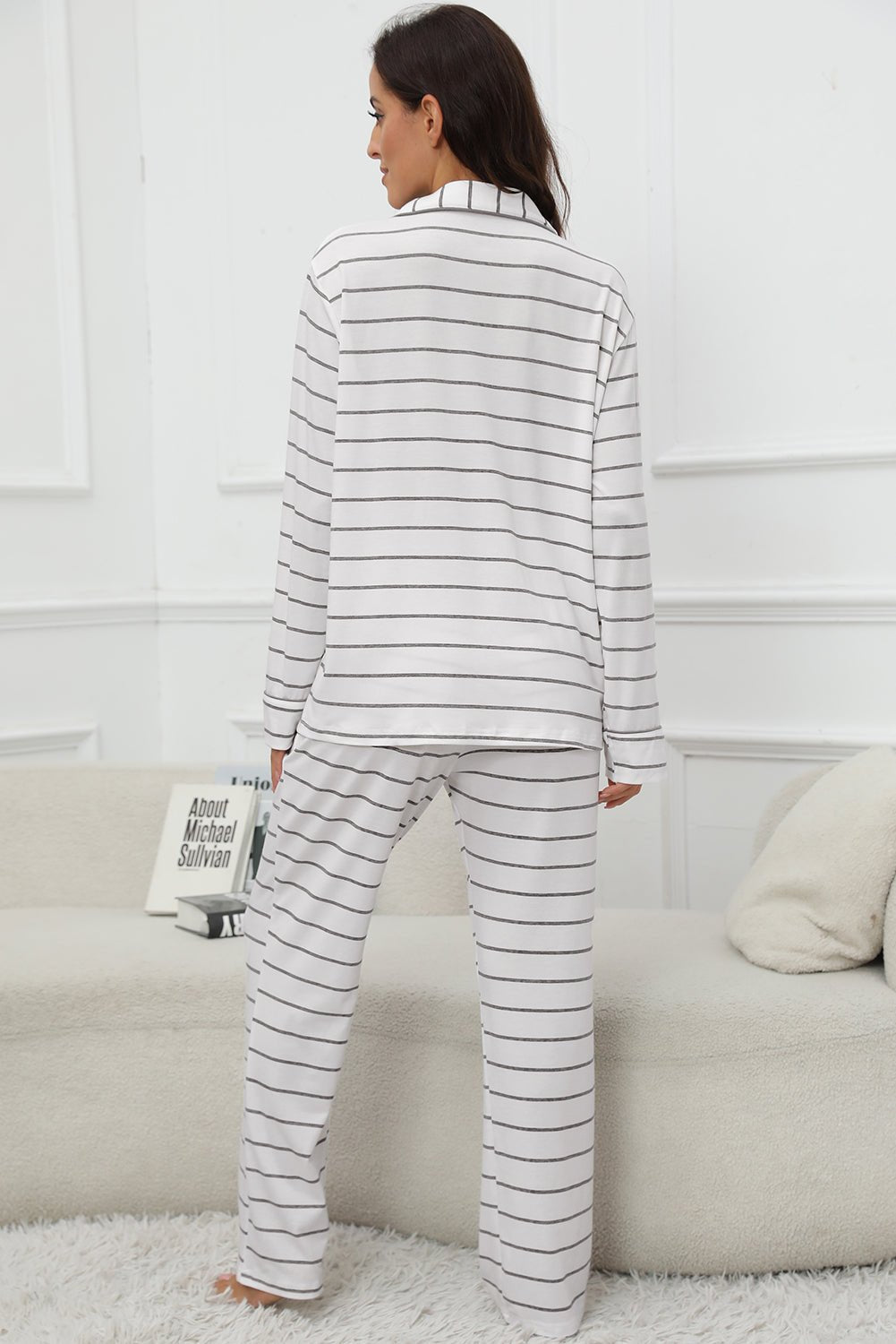 Striped V-Neck Long Sleeve Top and Pants Lounge Set - Celeste    