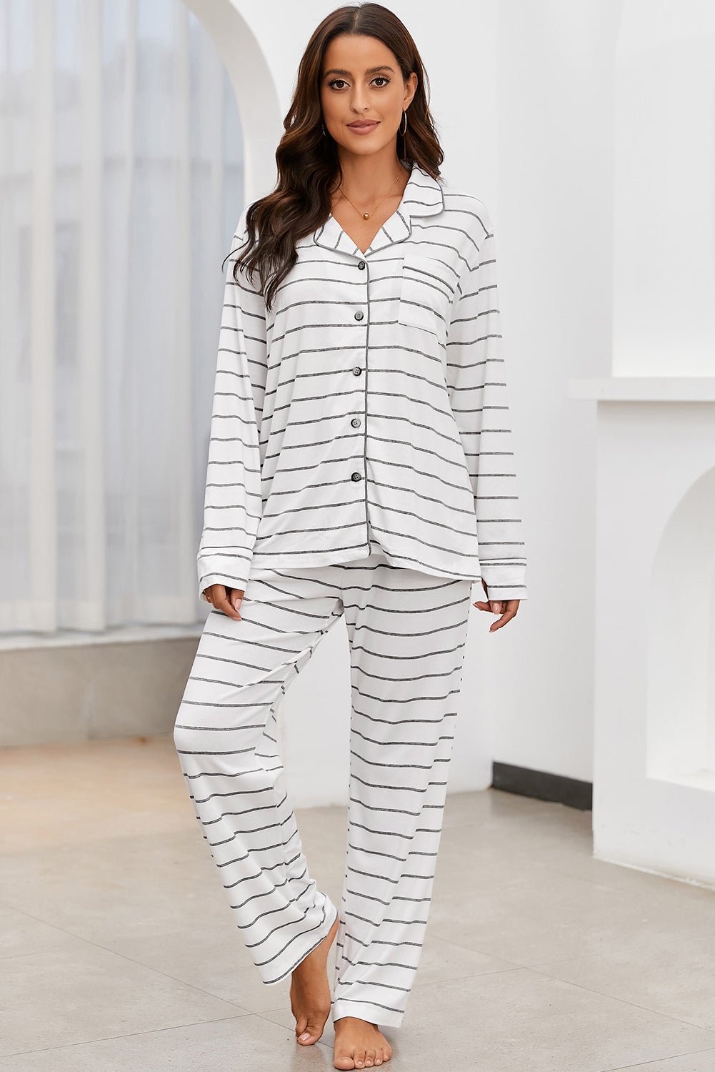 Striped V-Neck Long Sleeve Top and Pants Lounge Set - Celeste    