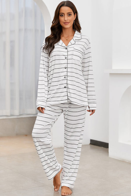 Striped V-Neck Long Sleeve Top and Pants Lounge Set - Celeste    