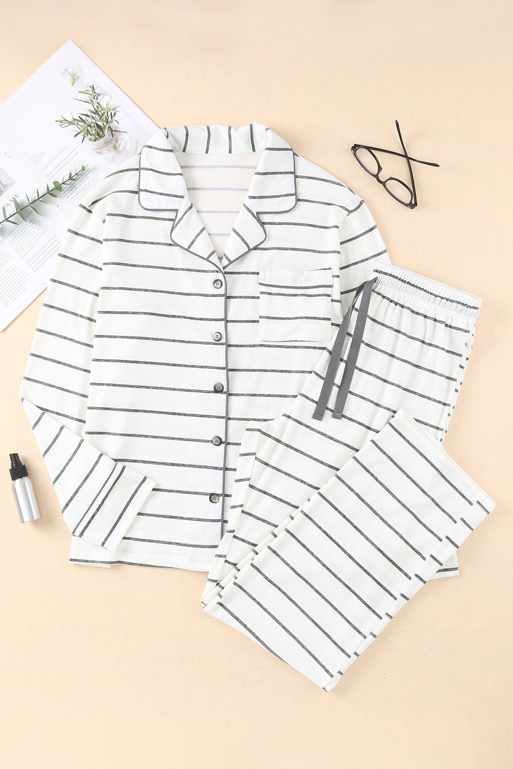 Striped V-Neck Long Sleeve Top and Pants Lounge Set - Celeste    
