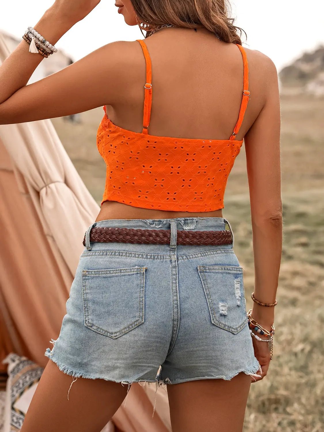 Tied Ruffled Eyelet V-Neck Cami - Celeste    