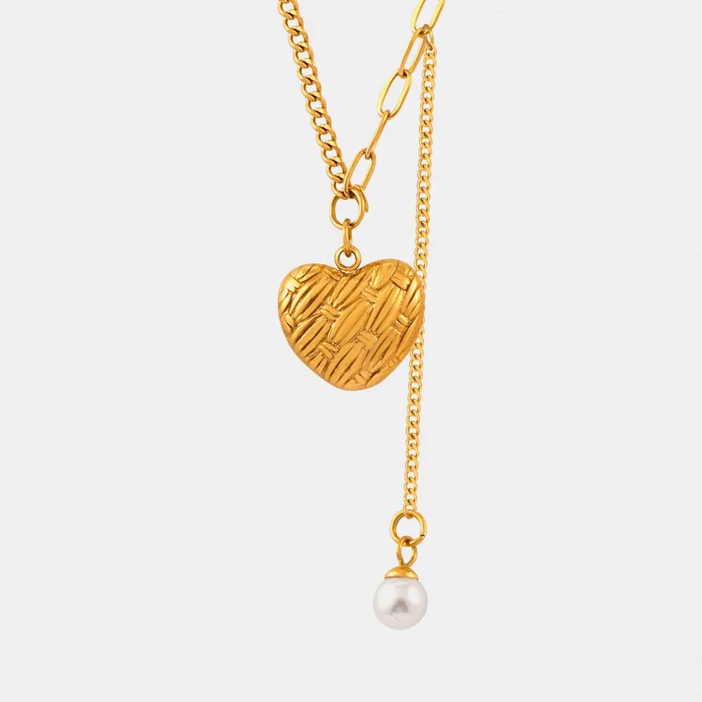 Titanium Steel Imitation Pearl Heart Pendant Necklace - Celeste    