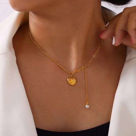 Titanium Steel Imitation Pearl Heart Pendant Necklace - Celeste    