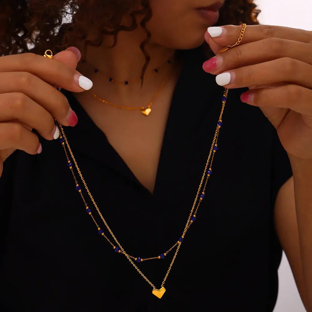 Titanium Steel Section Crystal Double-Layered Necklace - Celeste    