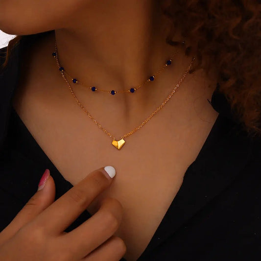 Titanium Steel Section Crystal Double-Layered Necklace - Celeste    