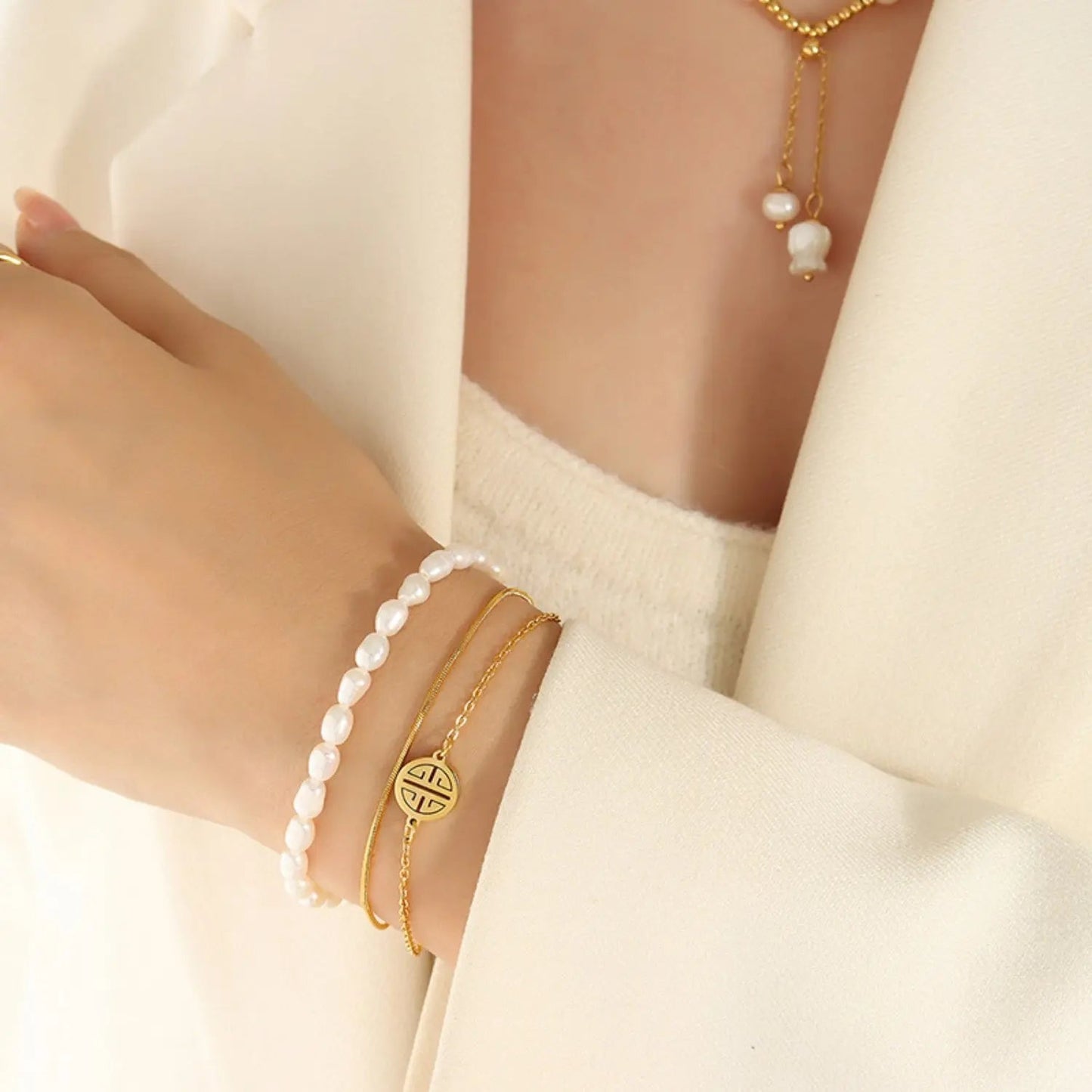 Titanium Steel Three-Layered Pearl Bracelet - Celeste    