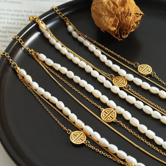 Titanium Steel Three-Layered Pearl Bracelet - Celeste    