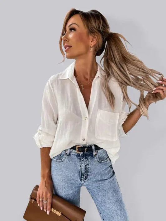 V-Neck Button Down Blouse - Celeste    