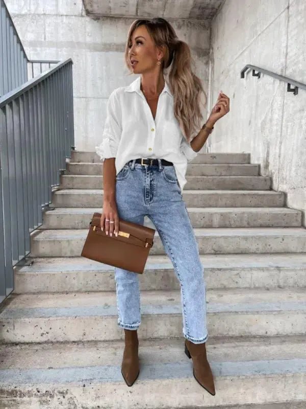 V-Neck Button Down Blouse - Celeste    