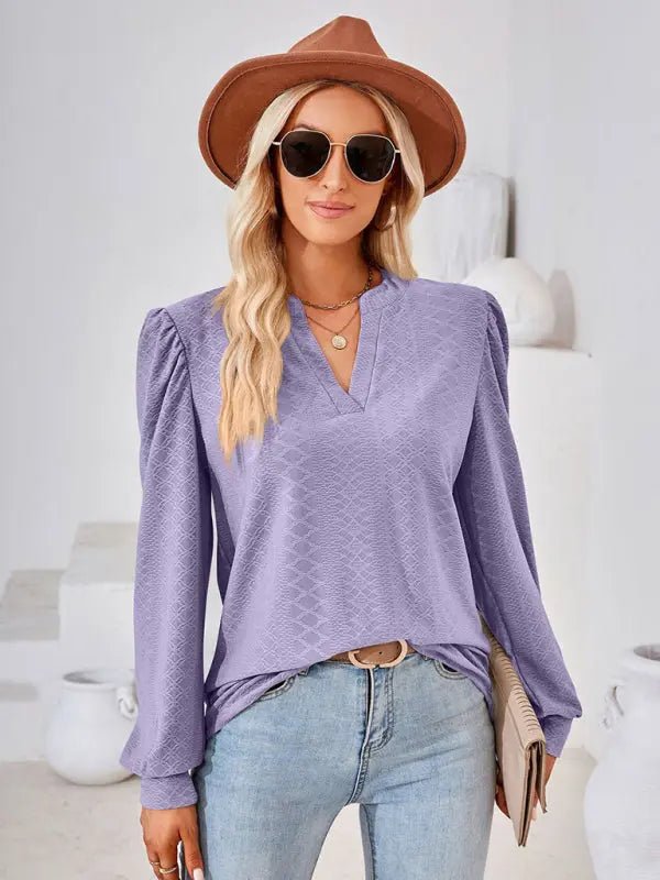 V Neck Jacquard Long Sleeve Top - Celeste    